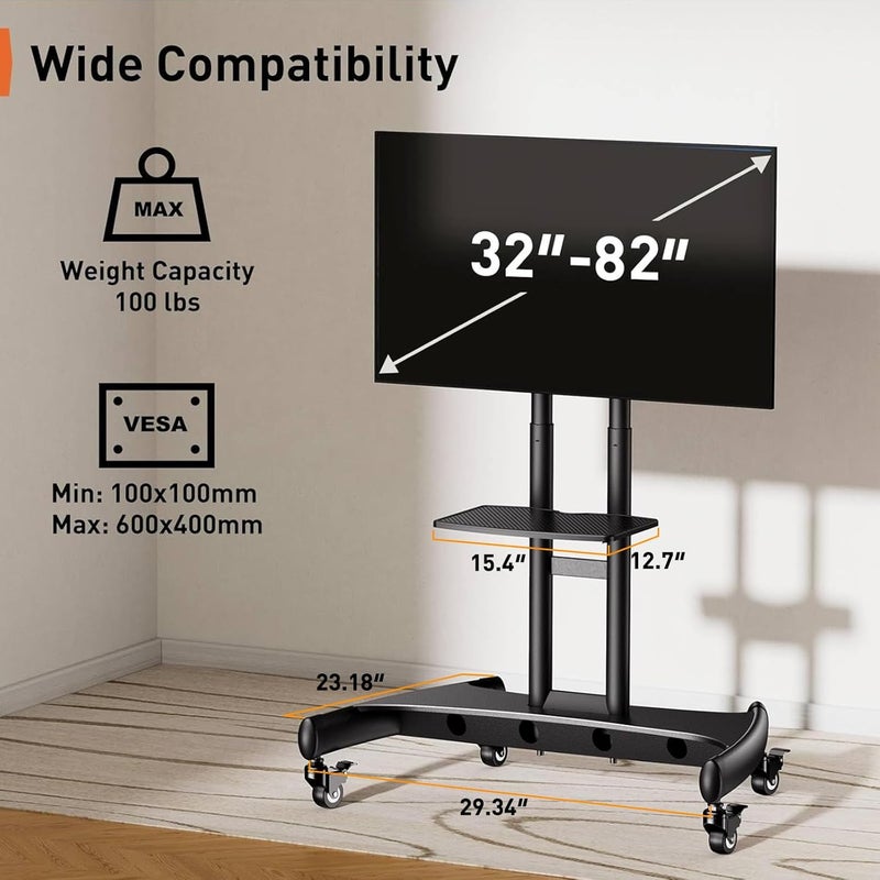 Perlegear Rolling TV Stand for 32-82 Inch Flat/Curved LED/LCD/OLED TVs, Outdoor Mobile TV Carts on Wheels with Adjustable Shelf, VESA 600x400mm up to 100lbs, Portable Mount with Wheels PGTVMC05-1 - Image 4